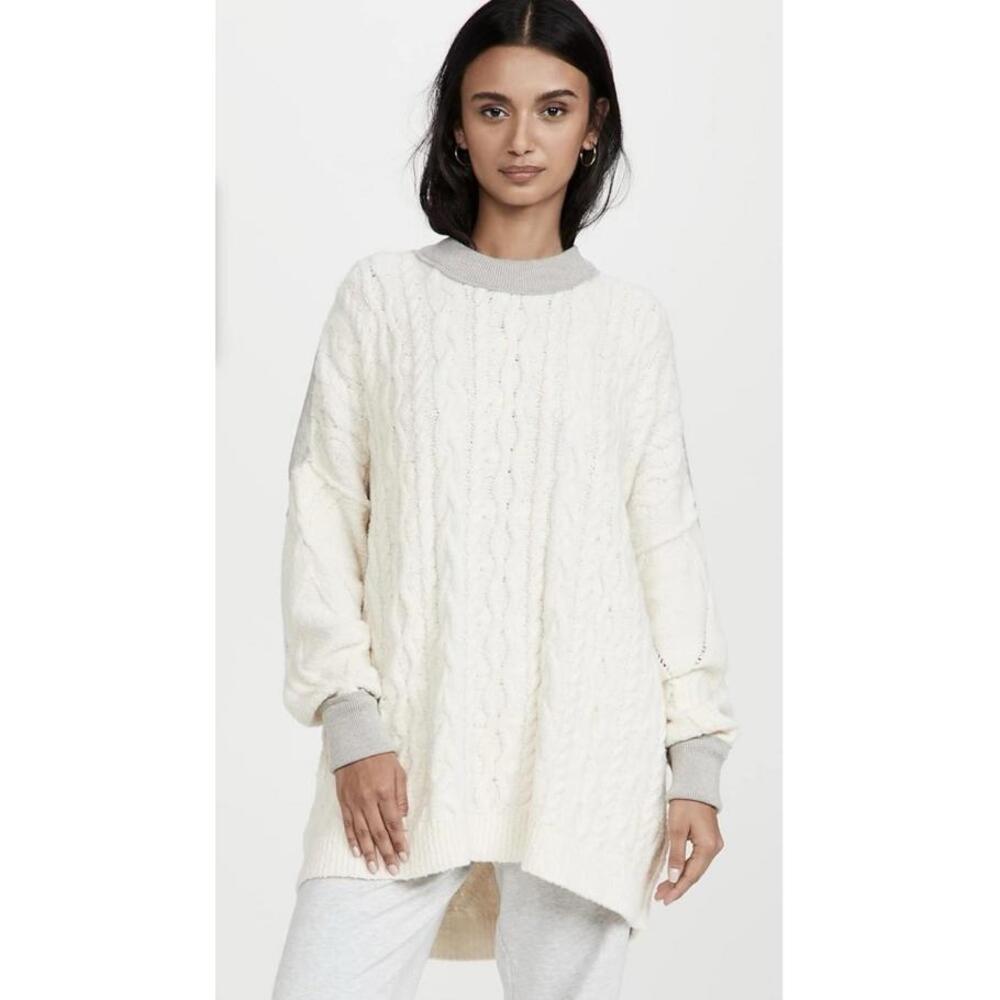 Free People‎ Olympia Tunic Sweater Cable Knit Oversized Comfy Boho White Gray S